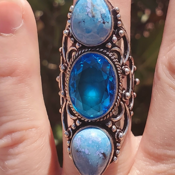 New Swiss Blue Topaz & Mosaic Jasper 925 Silver Statement Ring. - Picture 10 of 11